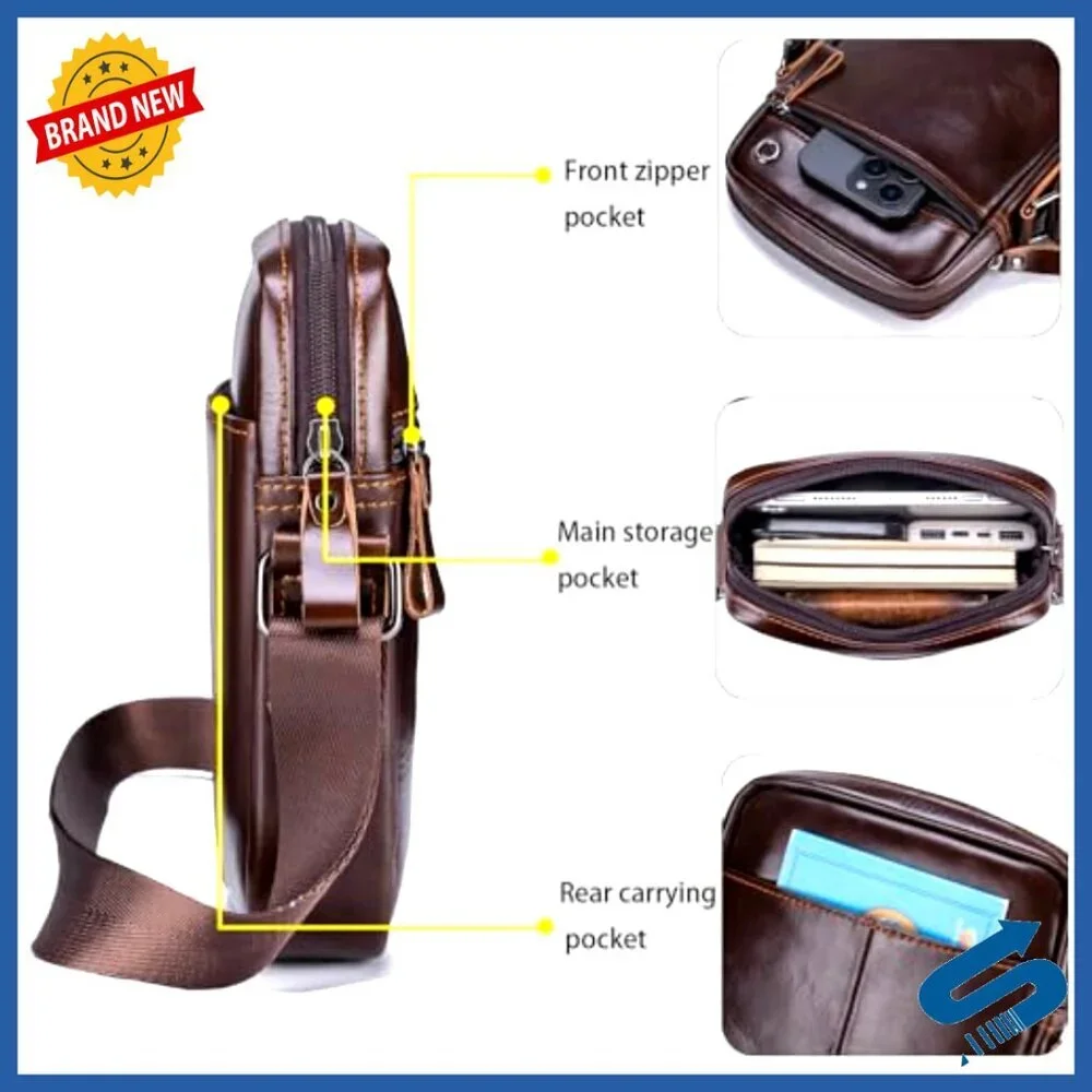 Genuine Leather Men's Shoulder Bag Crossbody Adjustable Strap Multiple Pockets
